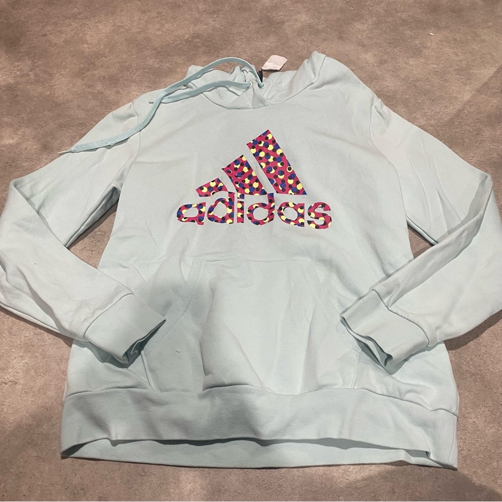 Adidas Light Blue Hoodie with Colorful Logo Sz Large NWT